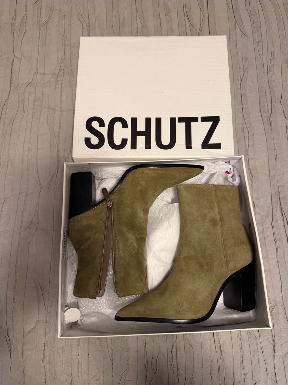 SCHUTZ Mikki Block Bootie Olive Green Suede